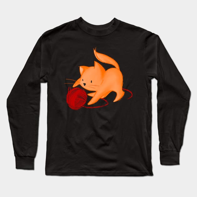 Cute Cat playing with ball of yarn - black Long Sleeve T-Shirt by Uwaki